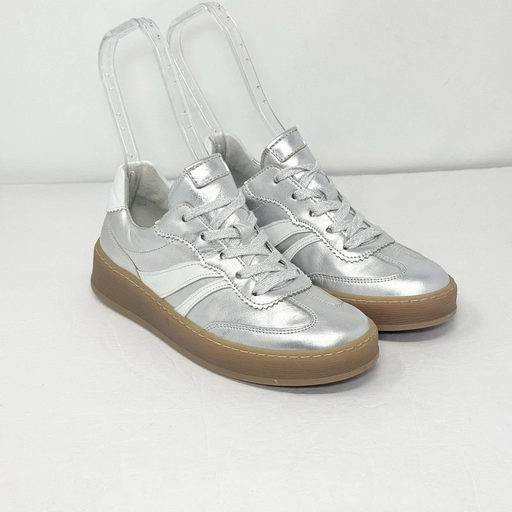 Gabor Low Top Sneakers 86.475 Womens 7.5 Silver Metallic Leather Gum Sole